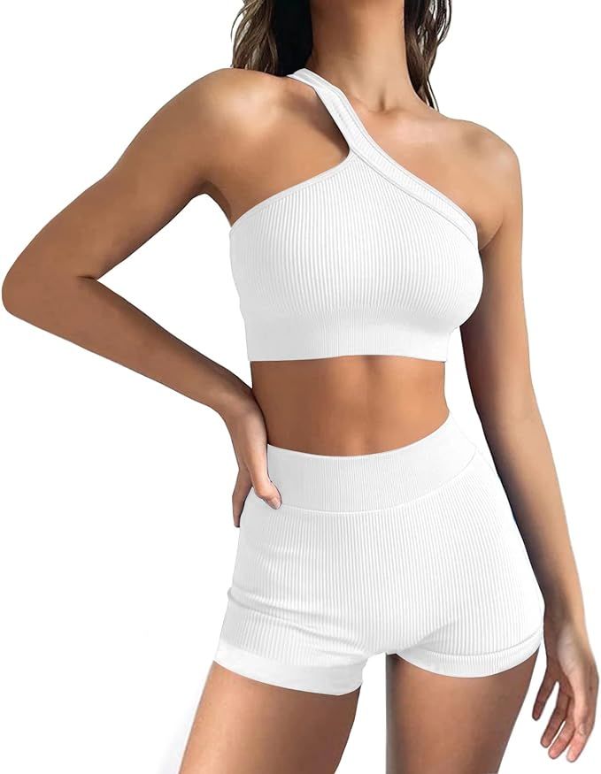 MATIRD Womens Workout Sets 2 Piece Yoga Outfits Seamless High Waist Shorts One Shoulder Sport Bra... | Amazon (US)