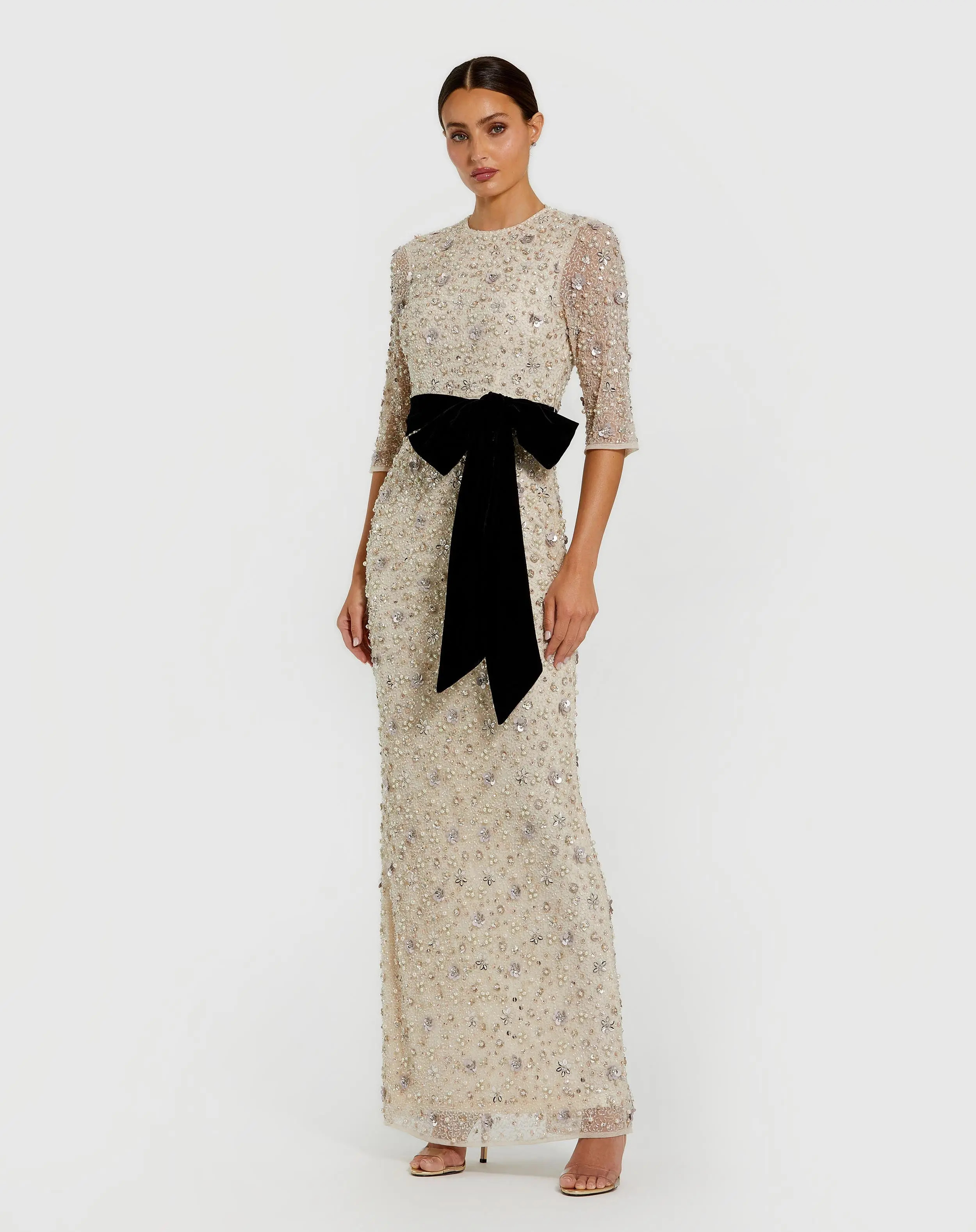 Ivory Embellished Evening Gown with Velvet Bow | Mac Duggal