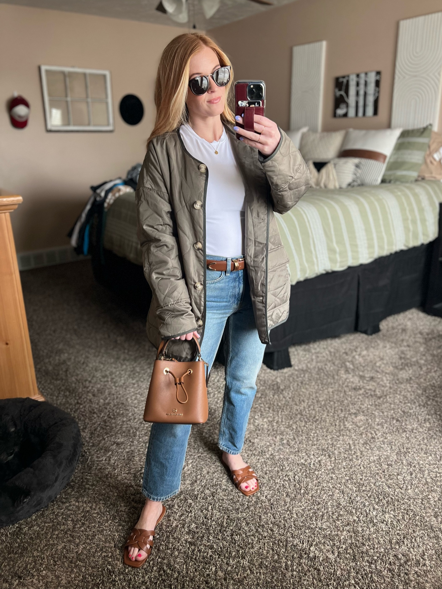 White tee is a XS
Jacket is a XS (will link similar options)
Jeans are Zara (the straight cropped light wash) size 2
Belt is the brown in the smallest size option
Shoes are true size 7
Search Poshmark or Mercari for Michael Kors Brown Bucket Bag

#LTKSeasonal