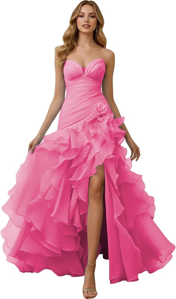 Strapless Tiered Tulle Prom Dress 2026 A-Line Long Ball Gown with Slit | Amazon (US)