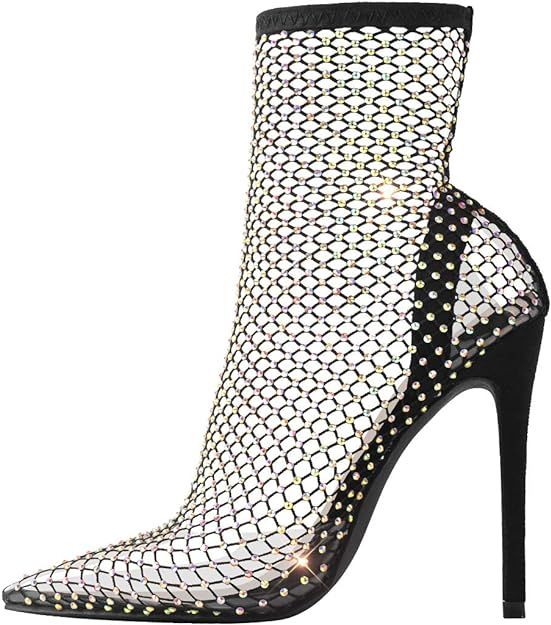 LISHAN Fishnet Rhinestone Heels Sandals for Women | Amazon (US)