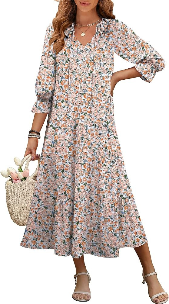 ANRABESS Women's Boho Maxi Dresses 2025 Summer Casual V Neck Puff Sleeve Floral Tiered Flowy Swin... | Amazon (US)