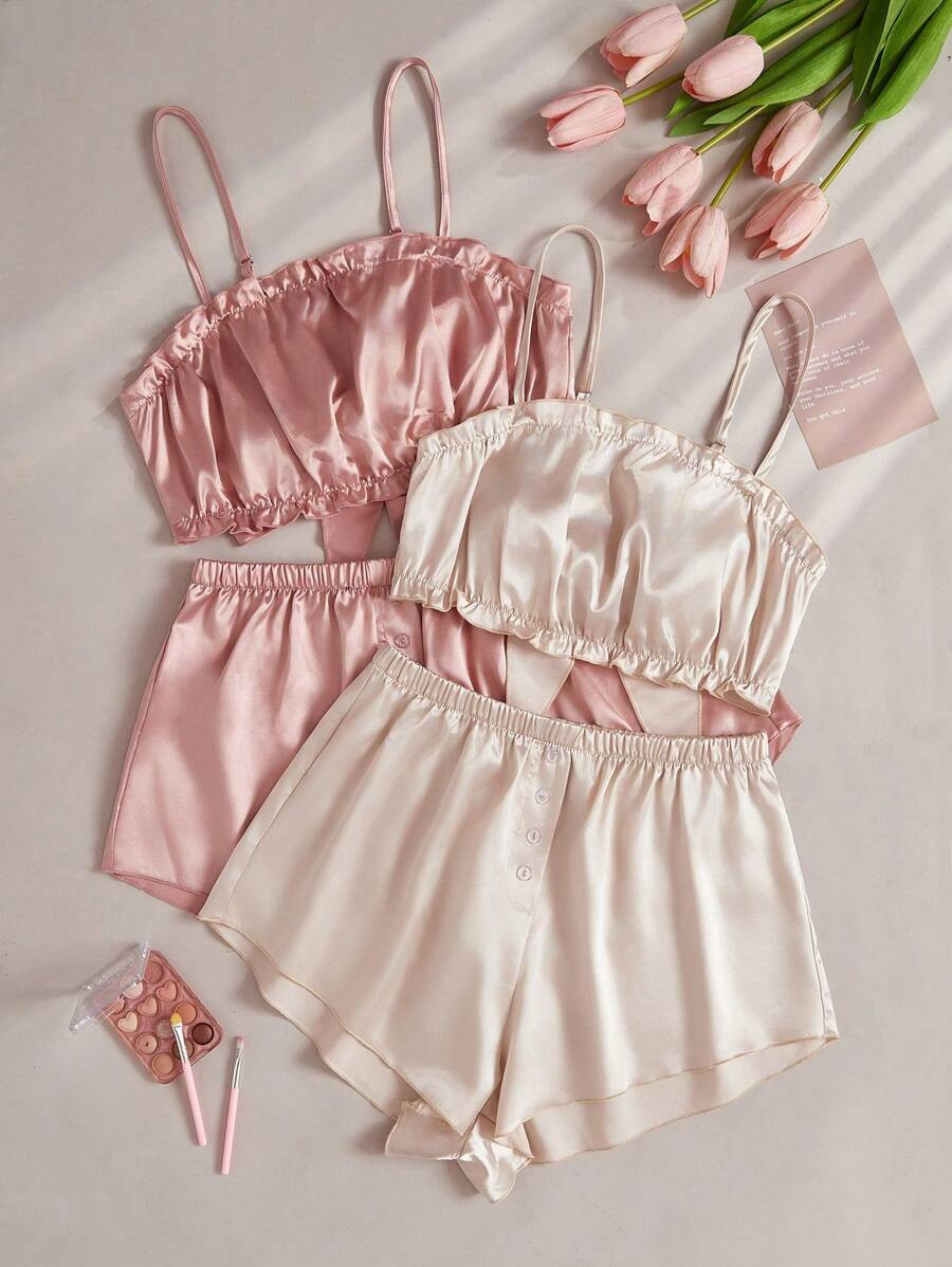 4pcs Women's Imitated Silk Back Tie Bowknot Camisole Top And Shorts Set In Dual-Tone | SHEIN