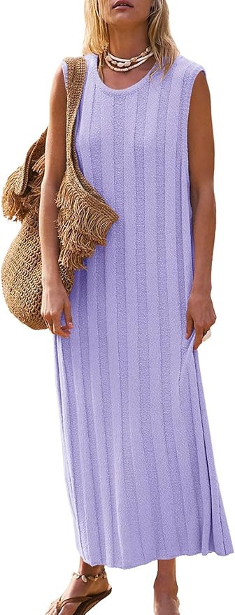 Fisoew Women's Summer Sleeveless Maxi Dress Scoop Neck Ribbed Knit Tank Top Dresses | Amazon (US)