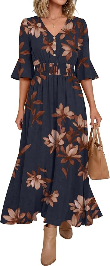 ANRABESS Womens Maxi Dress 2026 Summer Boho Ruffle Sleeve V Neck A Line Elastic Waist Flowy Weddi... | Amazon (US)