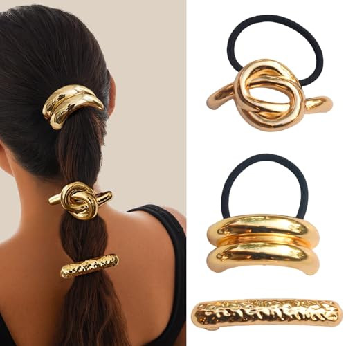Metal Hair Ties Ponytail Holders Hair Cuff, Gold Hair Cuff Geometric Elastic Hair Tie, Gold Ponytail Cuff Hair Elastic Hair Bands Fashion Hair Accessories for Women 3 PCS | Amazon (US)