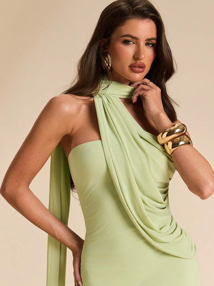 SHEIN BAE Women's Solid Green Asymmetric Shoulder Tie-Up Dress, Green Dress, Elegant Dress, Vacat... | SHEIN