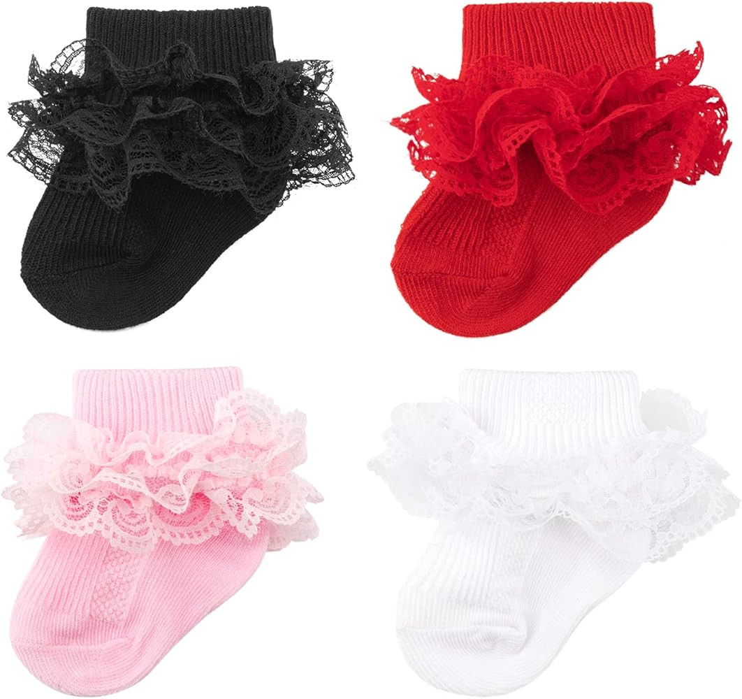 4 Pack Baby Girls Socks Eyelet Ruffle Lace Baby Socks Newborn Infant Toddler Dress Socks Frilly R... | Amazon (US)