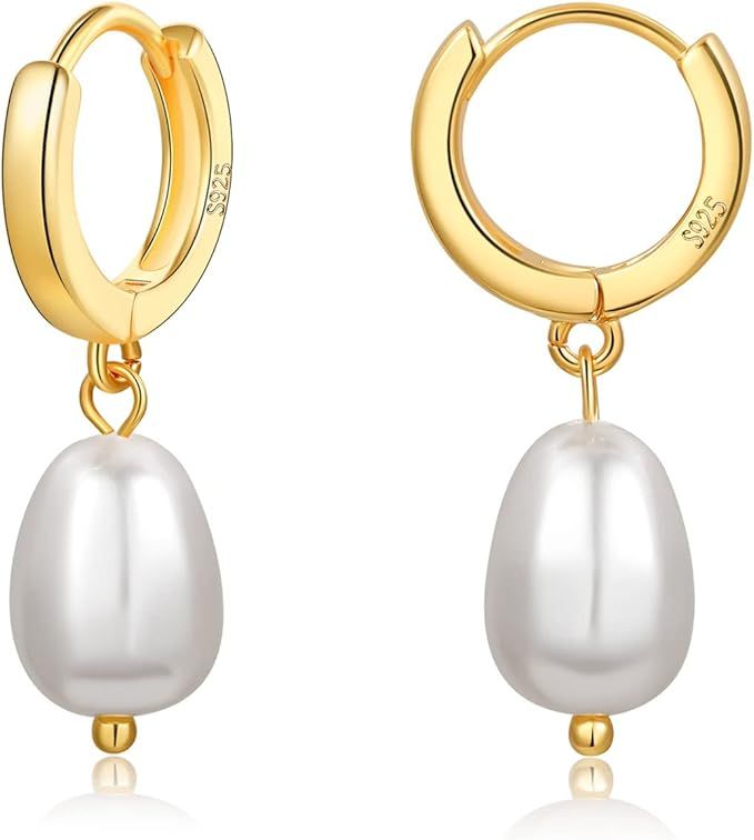 S925 Baroque Pearl Earrings Sterling Silver Gold Huggie Earrings For Women Irregular Pearl Drop E... | Amazon (US)