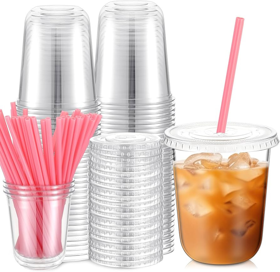 50 Sets Clear Plastic Cups with Heart Shaped Pink Straws and Lids, Disposable Iced Coffee Cups Dr... | Amazon (US)