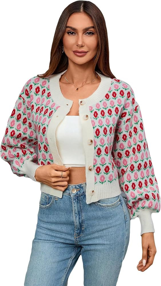 WDIRARA Women's Floral Button Down Ribbed Knit Crew Neck Cropped Cardigan Sweater | Amazon (US)