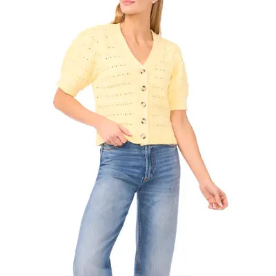 CeCe Open Stitch Puff Sleeve Cardigan in Pastel Yellow at Nordstrom, Size Large | Nordstrom