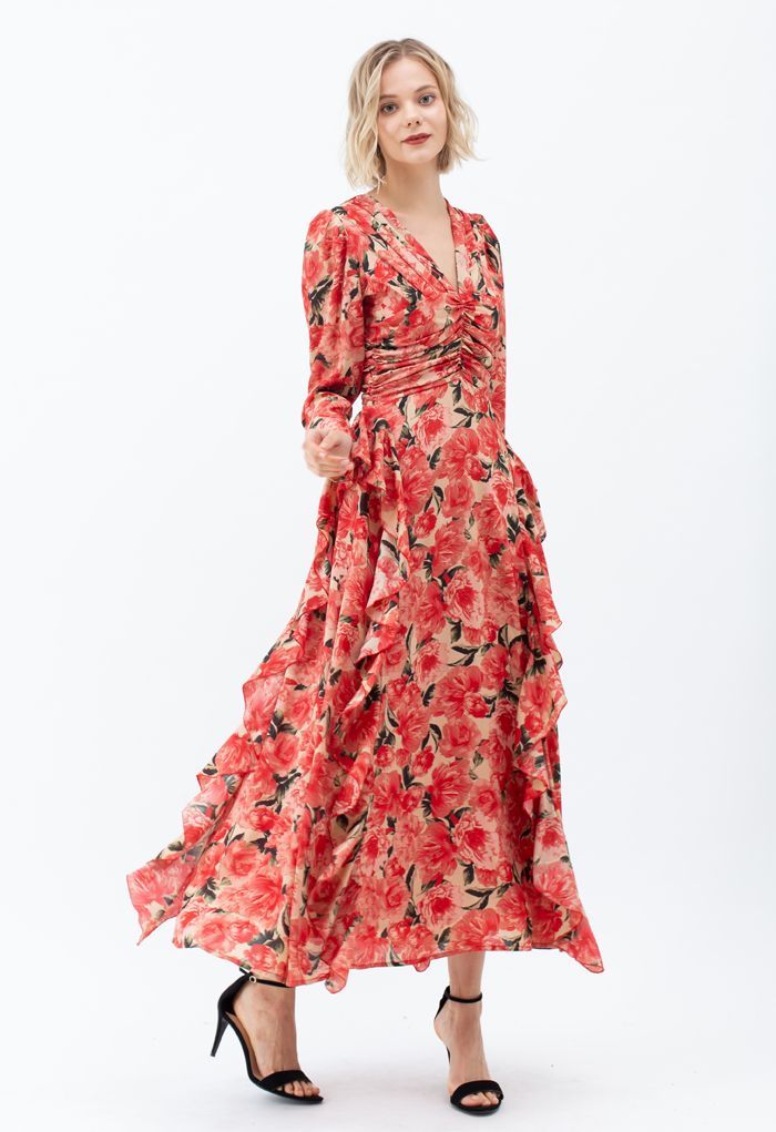 Ruched Red Floral V-Neck Ruffle Maxi Dress | Chicwish