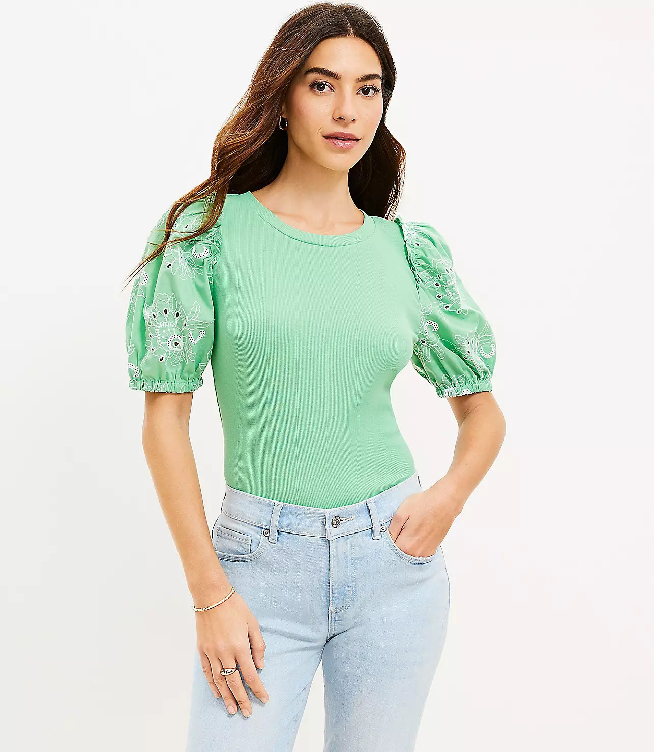 Eyelet Smocked Bubble Sleeve Top | LOFT