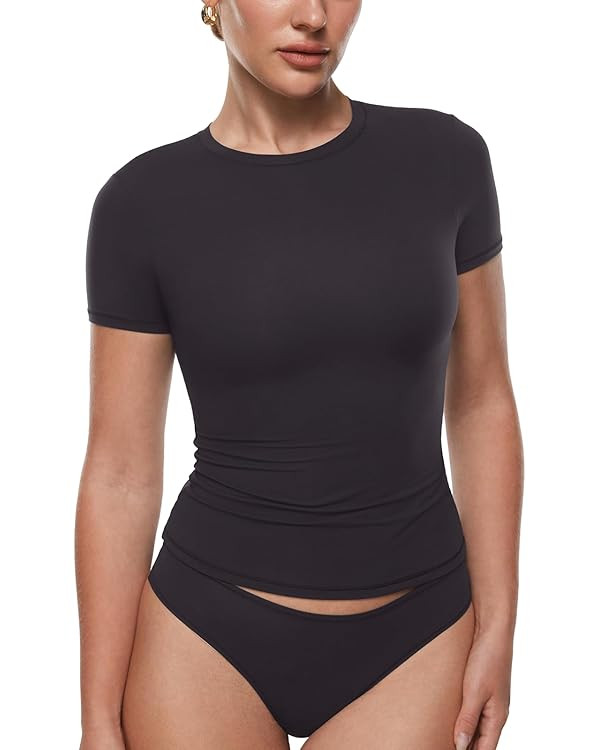 INLYRIC Women's Inbarely Ultra Short Sleeve Tops Crew Neck Double Lined Going Out Slim Fit T Shir... | Amazon (US)