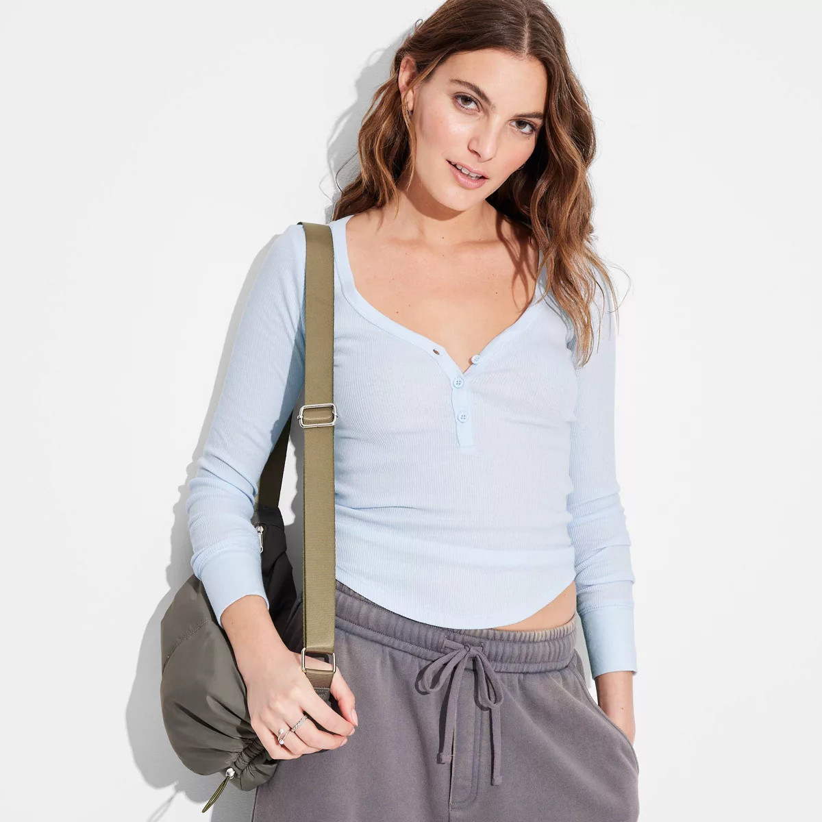 Women's Long Sleeve Henley T-Shirt - Wild Fable™ Light Blue M | Target