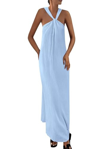 PRETTYGARDEN Womens 2026 Casual Long Summer Dresses Sleeveless Strappy Loose Flowy Beach Vacation Maxi Dress with Pockets (Blue,XX-Large) | Amazon (US)