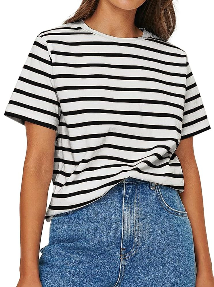 LilyCoco Women's Striped T Shirts Crew Neck Short Sleeve Tops Basic Summer Tees | Amazon (US)