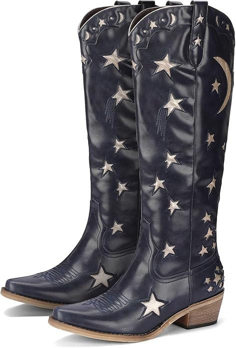 Mid Calf Cowgirl Boots with Stars Inlay Chunky Block Heels and Snip Toe Trend Shoes Stylish Embro... | Amazon (US)