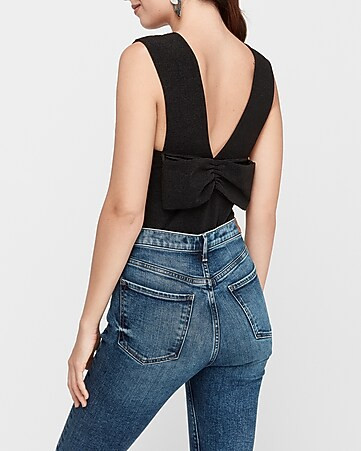 Ribbed Plunge Neck Bow Back Thong Bodysuit | Express