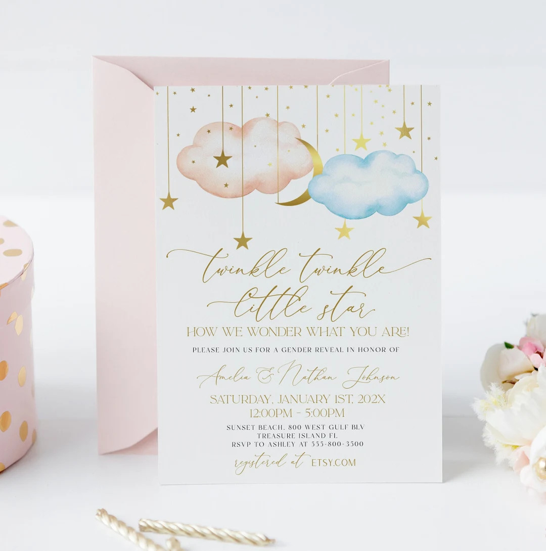 Gender Reveal Invitation, Twinkle Twinkle Little Star Gender Reveal Party Invite , Moon and Gold ... | Etsy (US)