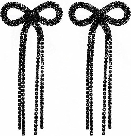 Bow Earrings for Women Rhinestone Long Tassel Earrings Ribbon Bow Drop Earring Silver Stainless S... | Amazon (US)
