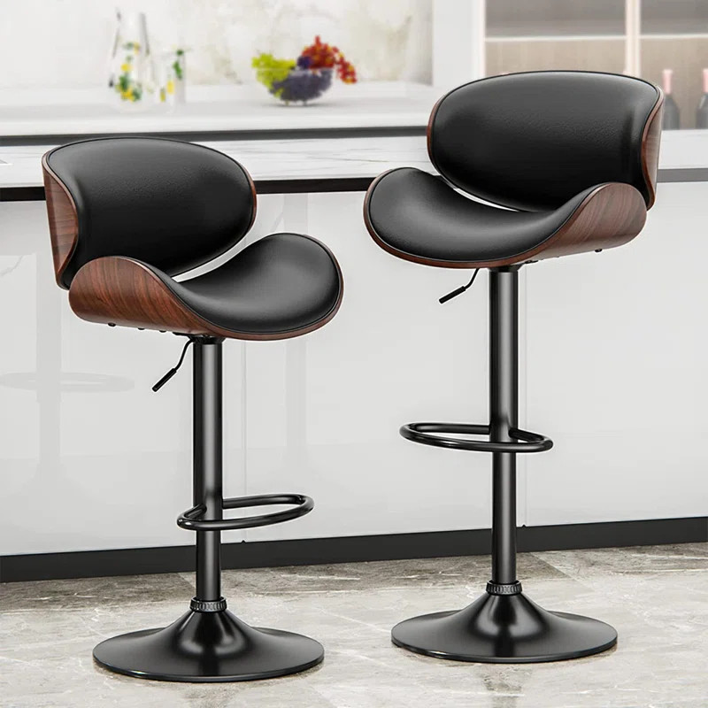 Jaquela Adjustable Height Swivel Bar Stools Modern PU Leather Barstools with Back and Footrest | Wayfair North America