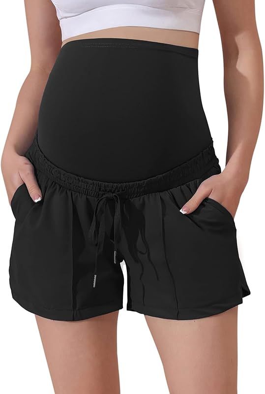 Maacie Maternity Stretch Shorts Loose fit Drawstring Lounge Workout Shorts with Zip Pockets | Amazon (US)