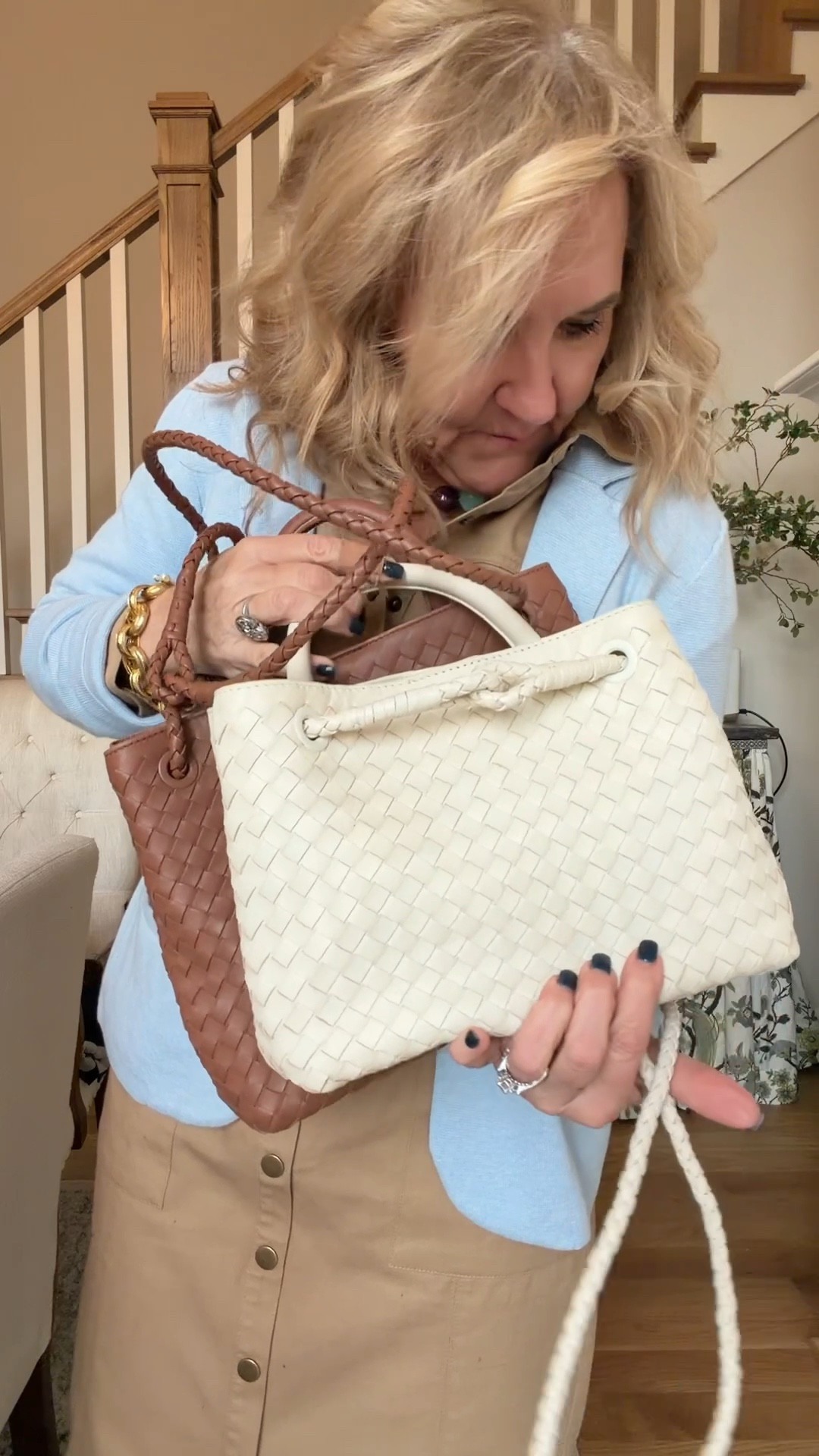 I love @quince bags 
A comparison of the 2 sizes of the woven leather satchel 

Dress size 8 reg 
Tennis sweater size medium 
Navy blazer size 10 petite 
Light blue sweater blazer size medium reg 
Leather black tall boots are high quality! I bought a size 9 as they don’t come in 1/2 sizes 

#LTKOver40 #LTKFindsUnder100 #LTKSaleAlert

#LTKWorkwear