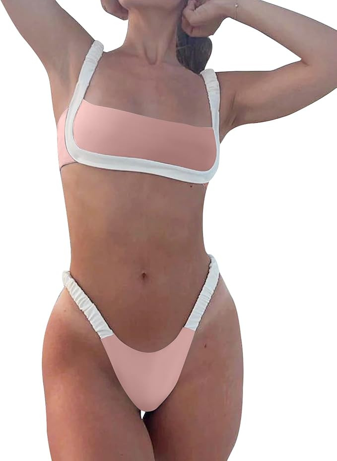 WODECASA Women's Colorblock Bikini Set Square Neck High Cut Cheeky Sexy Two Piece Swimsuit Bathin... | Amazon (US)