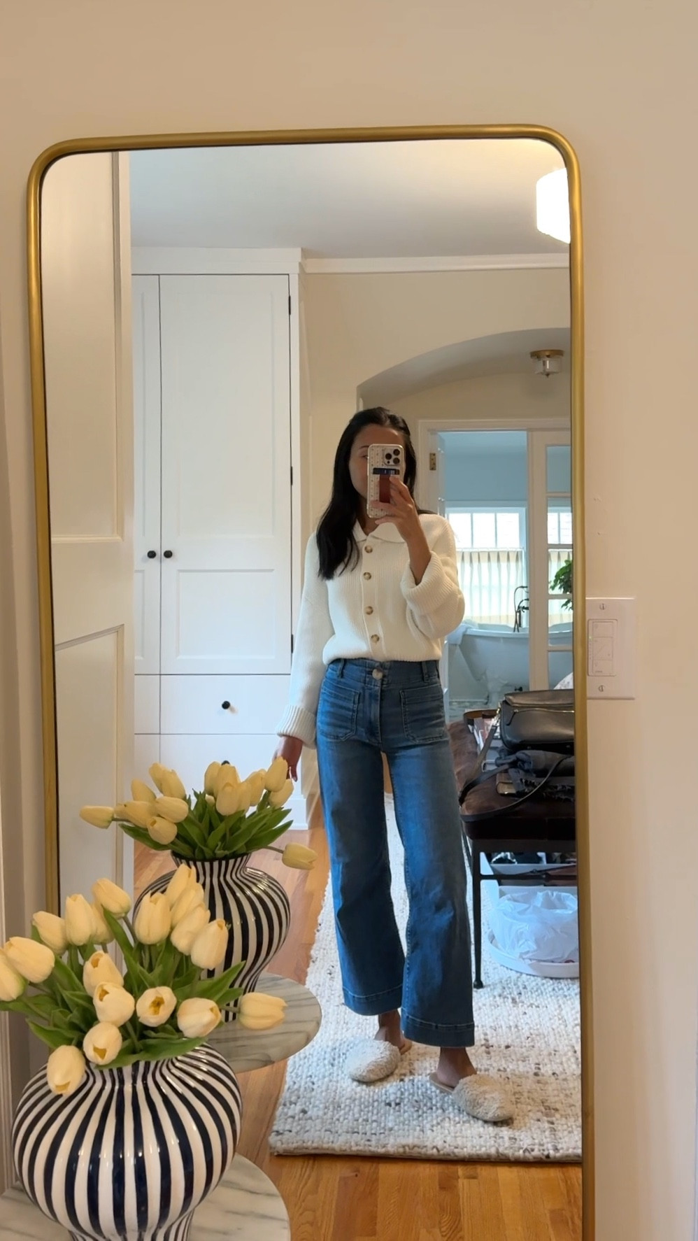 Today’s Field Day volunteer outfit wearing my jeans that feel like sweatpants 👌.  Swipe over for a video to see the fit! I’m 5’2”. This is 23 petite and fits cropped on me. If I order 23 regular, they look like regular pants. There are several colors and I own the dark (in petite) and light pair (regular). My button-up knit sweater is no longer available but linking similar ones + short sleeve options as well for the summer ☀️.

#LTKStyleTip #LTKOver40 #LTKPetite