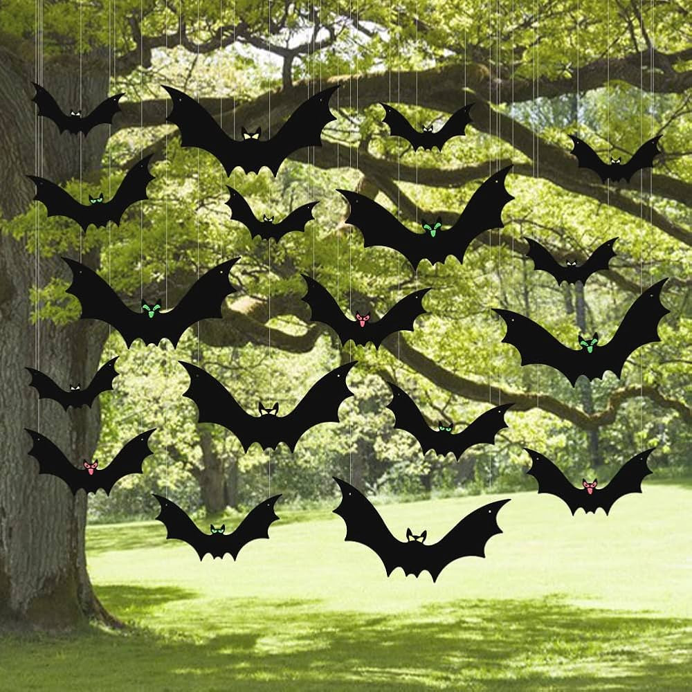 (18 Pcs) Hanging Bats Halloween Decoration Outside, Large Flying Plastic Bats Outdoor Decor, 3 Di... | Amazon (US)