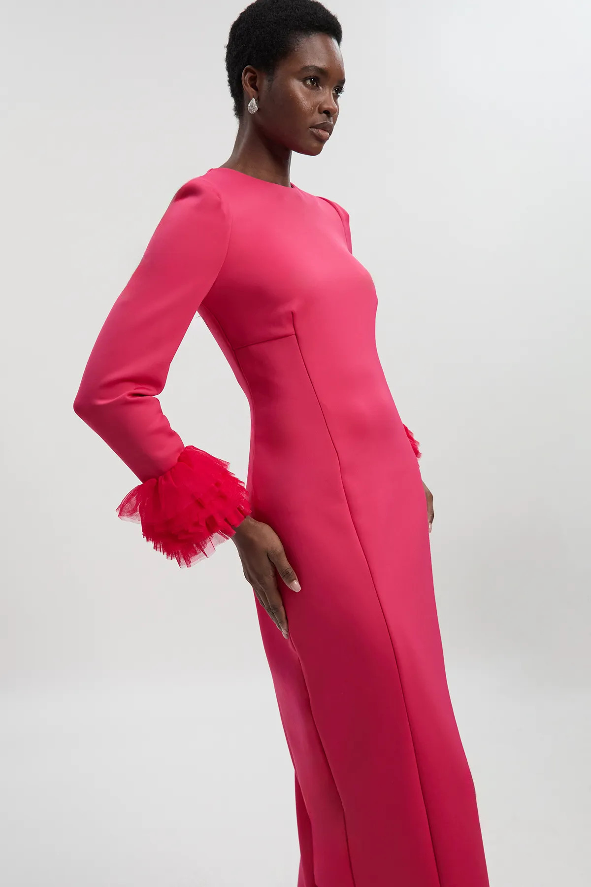 Scuba Drama Tulle Detail Cuff Woven Midi Dress | Karen Millen UK + IE + DE + NL