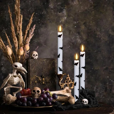 Halloween Flameless Taper Candles with Remote and Timer, 4 Pack Bats Real Wax 3D Flame LED Flickering Candles for Halloween Table Decorations | Wayfair North America
