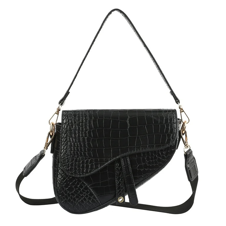 HDE Women's Saddle Shoulder Bag PU Leather Crossbody Purse - Black Crocodile - Walmart.com | Walmart (US)