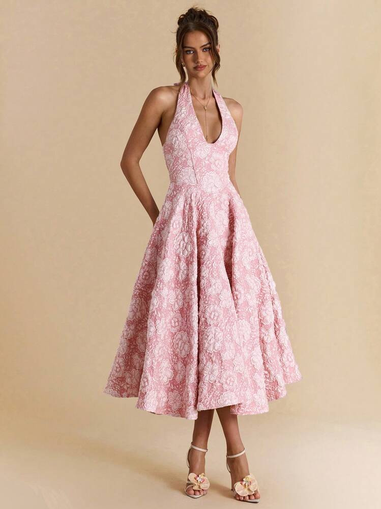 SHEIN BAE Spring Summer Solid Pink Textured Jacquard Elegant Dress, Suitable For Daily Dating, Parties, Gatherings, Weddings, Vacations, Beaches, Music Festivals, Birthdays, Brunches - Princess Style With Bow | SHEIN