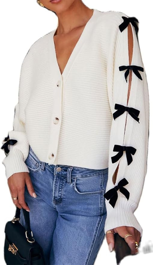 Women Bow Tie Front Leopard Knit Cardigan Sweater Y2k Long Sleeve Cheetah Crochet Knitted Crop Sh... | Amazon (US)