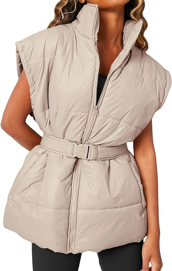 Danedvi Women's Oversized Puffer Vest Stand Collar Cap Sleeve Padded Gilet Outerwear with Belted | Amazon (US)