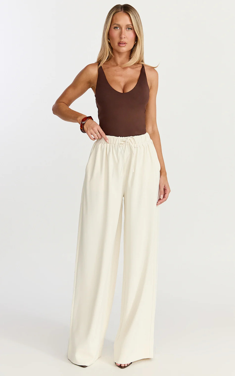 High Waist Elasticated Gathered Waist Wide Leg Pants in Cream | Showpo (US, UK & Europe)