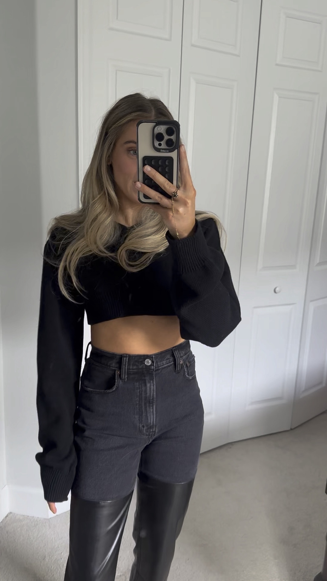 Abercrombie and fitch. A&F. @abercrombie. Mixed fabric ultra high-rise 90s straight jean. Denim. High waisted jeans. Leather pants. Black denim. Fall fashion. Winter fashion. Trendy  

#LTKstyletip #LTKsalealert #LTKVideo