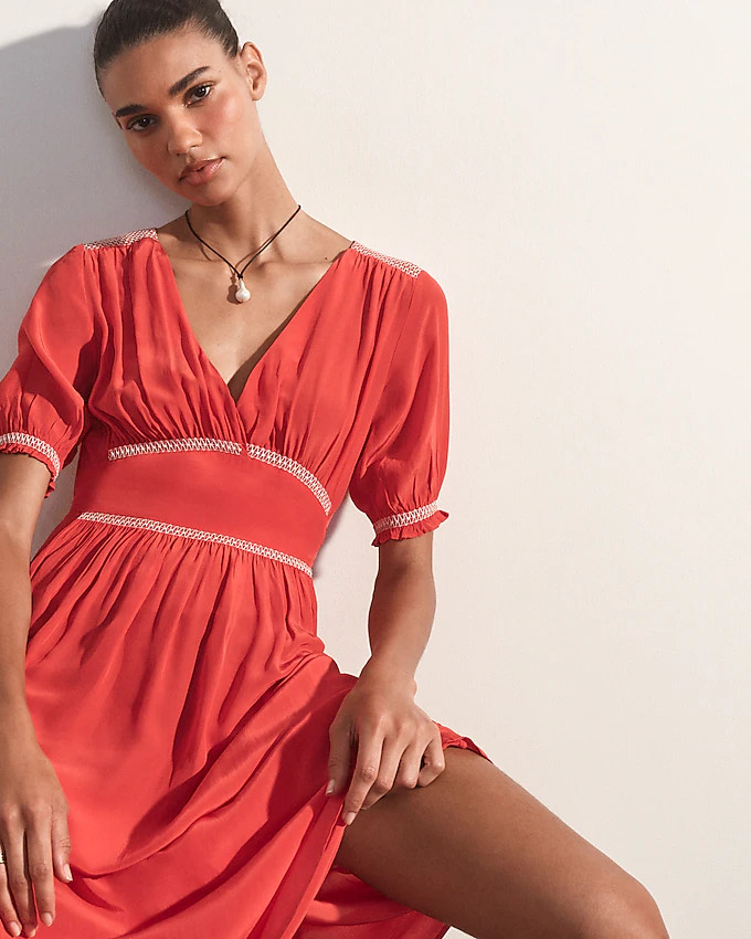Smocked-trim midi dress in crepe de chine | J. Crew US