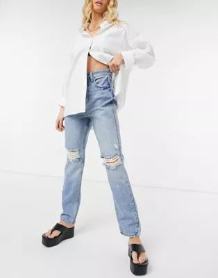 River Island - Gescheurde jeans in jaren 90-stijl met hoge taille in authentiek lichtblauw | ASOS | ASOS (Global)