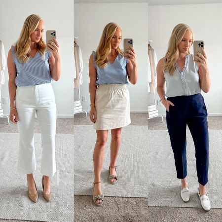 Summer workwear on major sale!! Love both of these work pants. The white linen pants are fully lined and run TTS (wearing a 6). The navy pants have a stretchy waistband and are very comfortable! 

Work outfits / summer work pants 

#LTKworkwear #LTKsalealert