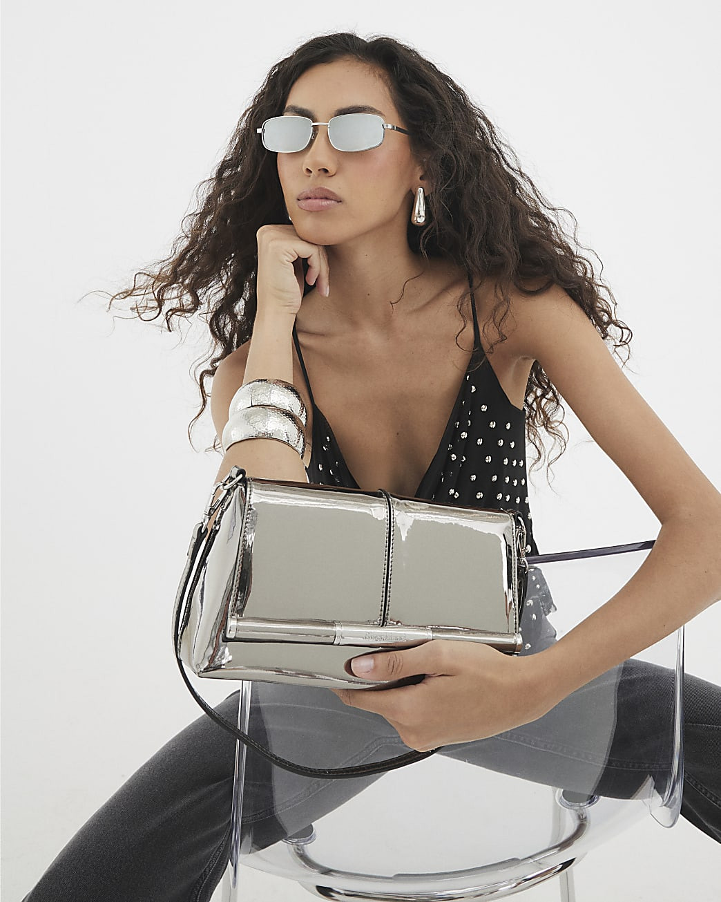 Silver Bar Front Clutch Bag | River Island UK & IE