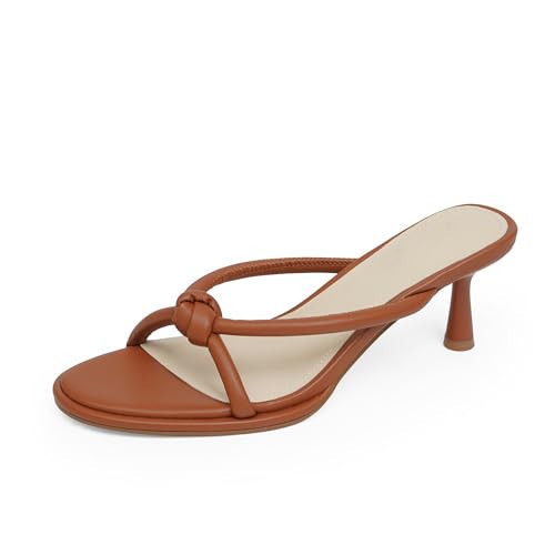 Easyfox Brown heels for Women Sandals Rounded Open Toe Kitten Heels Mules Slip on Brown Sandals Shoes Size 9.5 | Amazon (US)