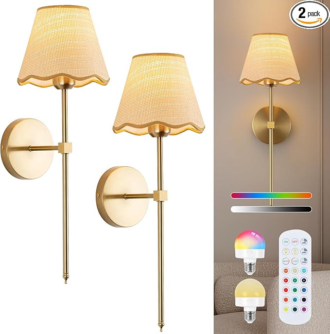 ADISUN Battery Operated Wall Sconce Set of 2, Gold Wall Lamps Rechargeable Bulbs for Living Room,... | Amazon (US)