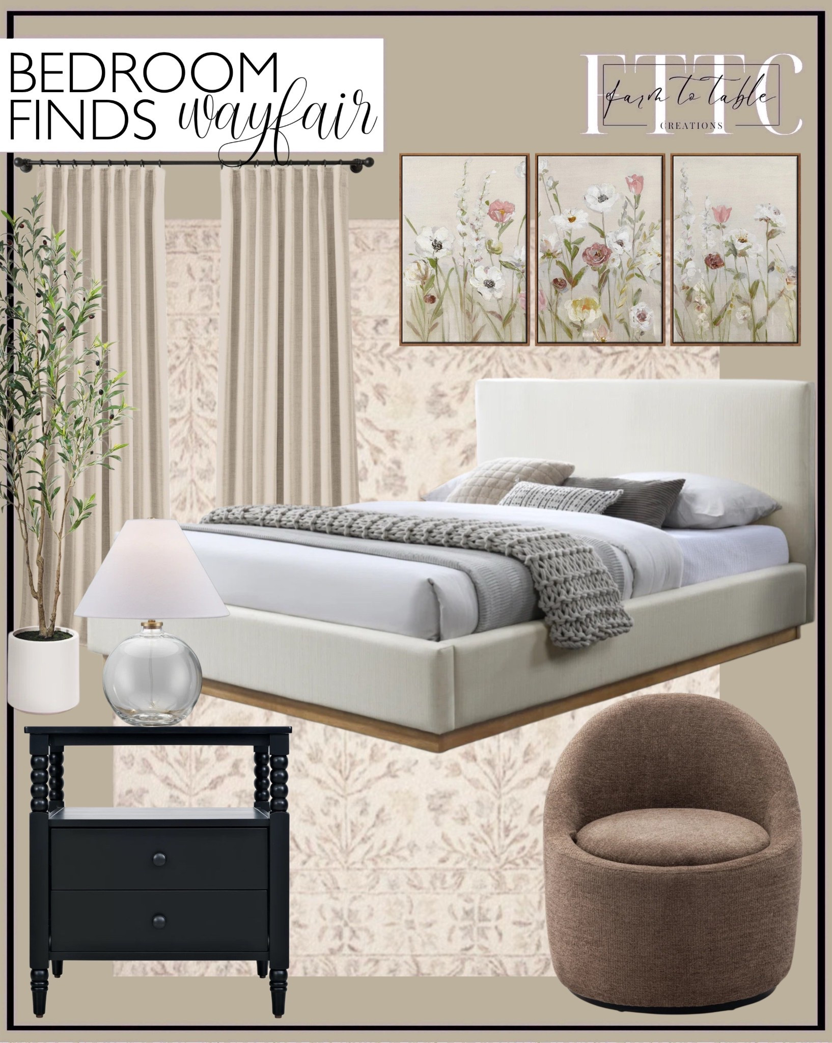 Neutral Bedroom Finds from Wayfair 

Follow @farmtotablecreations on Instagram for more home inspiration 🤎

These Wayfair pieces are perfect for creating a calm, cozy bedroom that still feels polished. The upholstered bed softens the space, the black nightstand adds contrast, and the textured chair is ideal for a reading corner. Finished with simple drapery, delicate artwork, and a glass lamp, it’s an easy way to get that layered designer look.

#bedroom #bedroomdecor #bedroomfurniture #upholsteredbed #nightstand #accentchair #bedroomchair #wallart #neutraldecor #wayfairfinds

#LTKHome #LTKSaleAlert