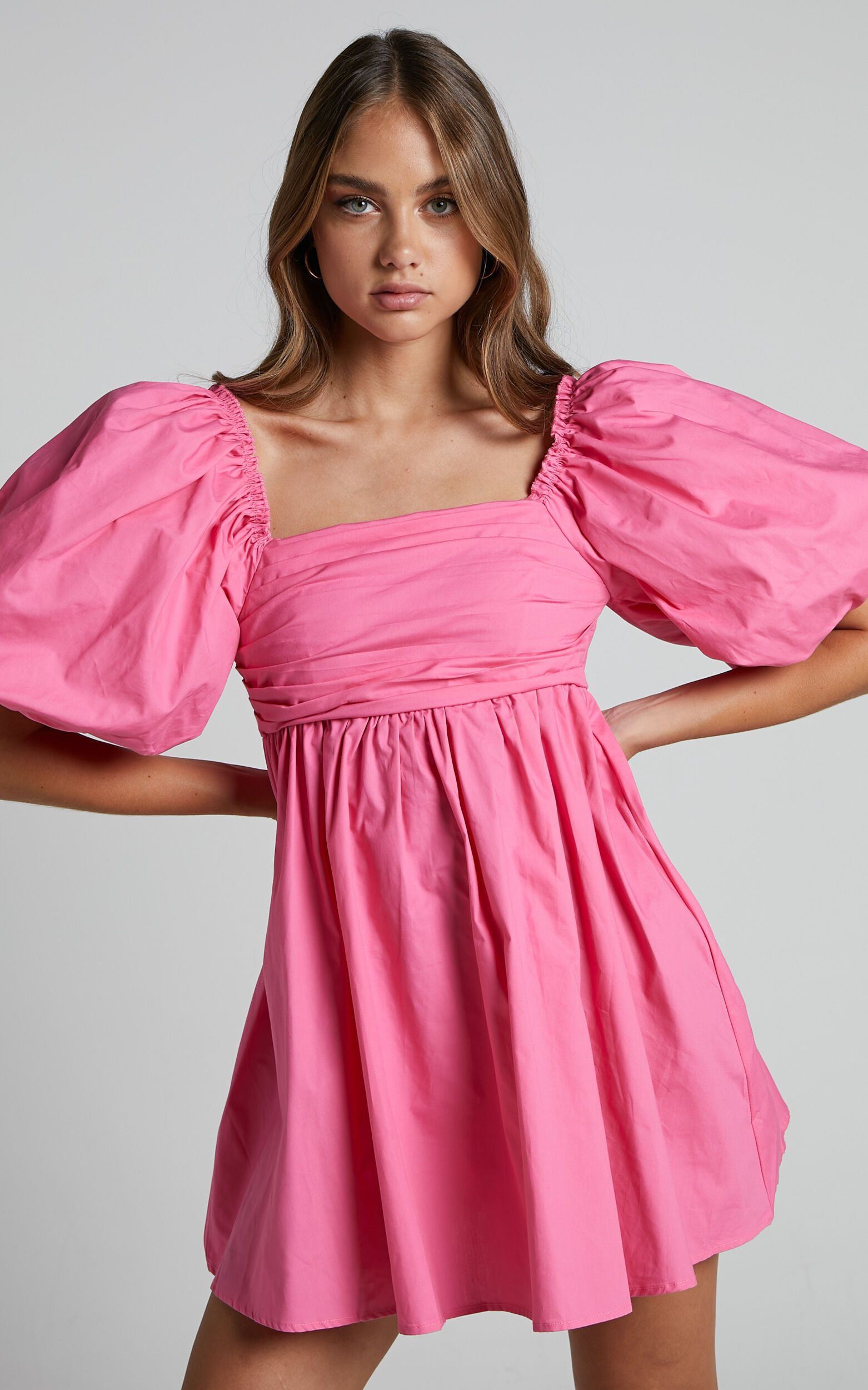 Melony Mini Dress - Cotton Poplin Puff Sleeve Dress in Pink | Showpo (US, UK & Europe)