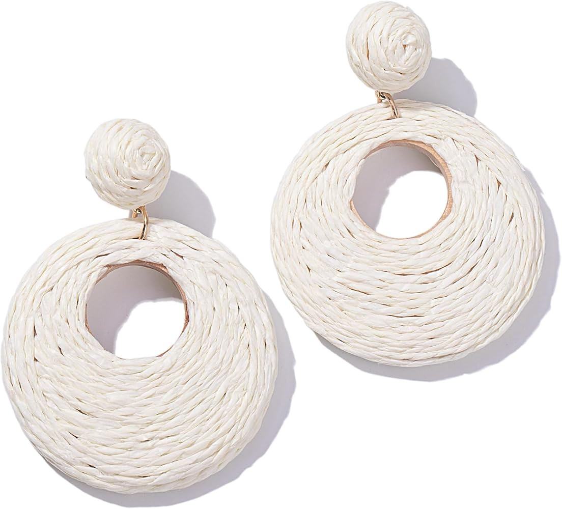 Boho Raffia Statement Circle Earrings - Cute Round Dangle Summer Handmade Rattan Jewelry for Wome... | Amazon (US)