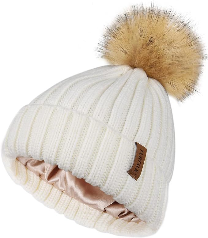 FURTALK Womens Winter Beanie Hat Satin Lined Faux Fur Pom Pom Beanies Hat for Women Winter Warm K... | Amazon (US)